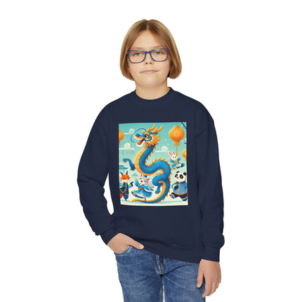 Blue & Gold Dragon Festival Parade Youth Crewneck Sweatshirt – Celebration, Color & Joyful Movement
