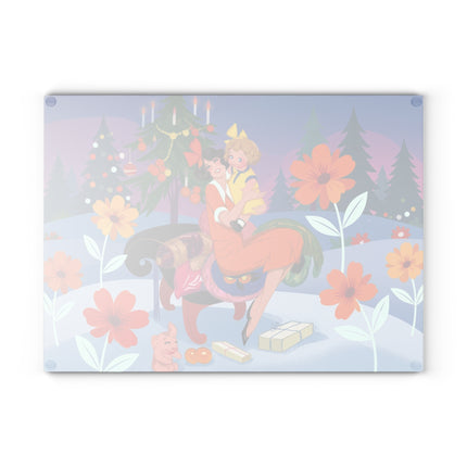 🎄🌸 Christmas Morning Embrace Glass Cutting Board – Whimsical Holiday Fantasy