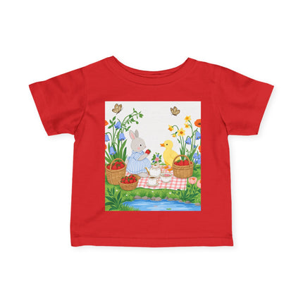 🐰🦆 The Little Strawberry Picnic Friends Infant Fine Jersey Tee – Whimsical Woodland Charm