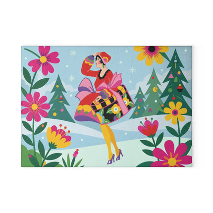 🌸❄️ The Lady Of The Colorful Winter Garden Glass Cutting Board – Art Deco Holiday Fantasy