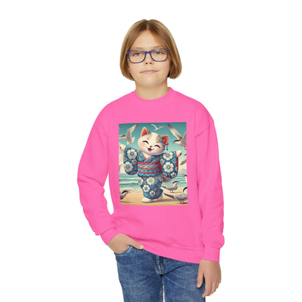 Geisha Kitten by the Seaside Youth Crewneck Sweatshirt – Coastal Charm, Joy & Whimsical Elegance