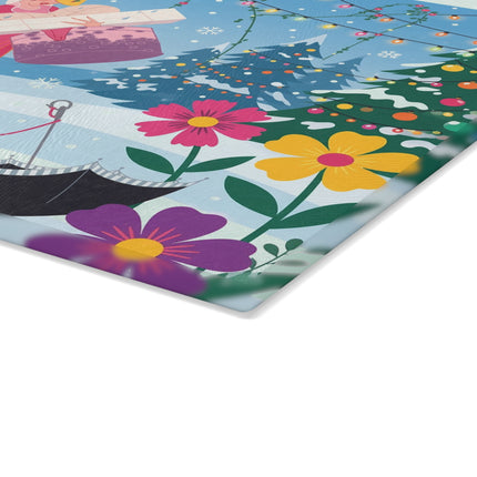 🎁🎄 The Christmas Gift Garden Glass Cutting Board – Whimsical Holiday Fantasy