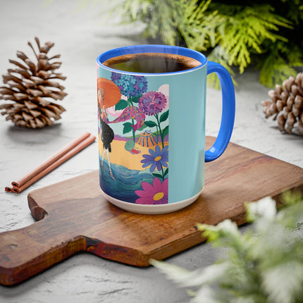 The Lady Of The Coral Parasol Colorful Mugs – Art Deco Coastal Elegance