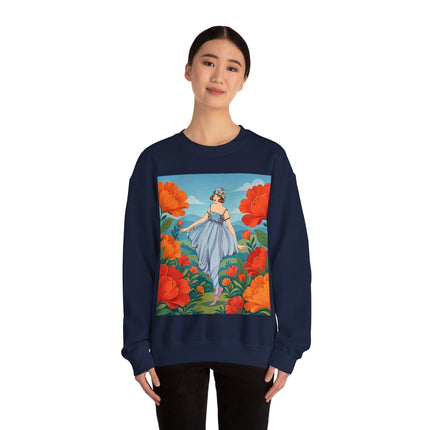 🌺🩵 The Poppy Hill Promenade Crewneck Sweatshirt – Art Deco Fashion Whimsy