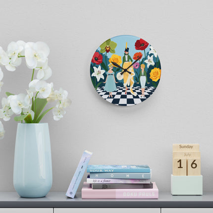 🌺🎩 The Lady And Children Of The Grand Flower Garden Acrylic Wall Clock – Art Deco Fashion Whimsy