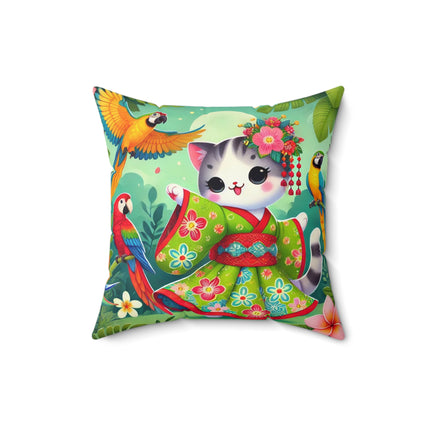 Parrot Dance of the Geisha Kitten Spun Polyester Square Pillow