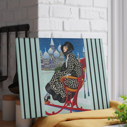 Elegant Winter Woman in Sleigh Glass Cutting Board