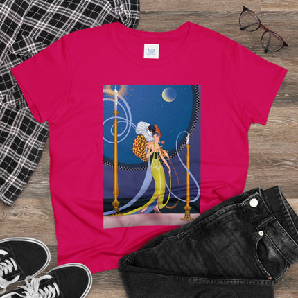 Smoke and Secrets: A Glamorous Encounter in Prohibition Era Women's Midweight Cotton Tee
