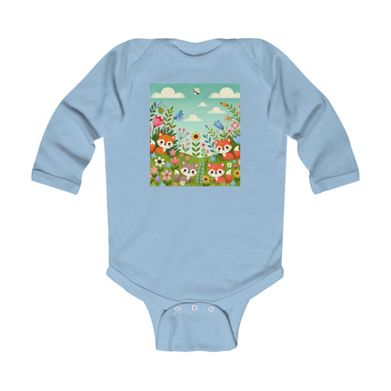 Fox Cubs in Bloom Baby Long Sleeve Bodysuit – Whimsical Spring Meadow Design
