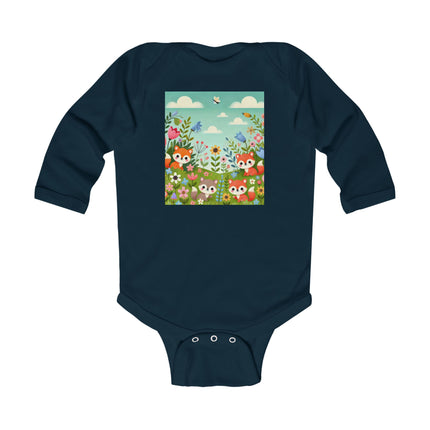 Fox Cubs in Bloom Baby Long Sleeve Bodysuit – Whimsical Spring Meadow Design