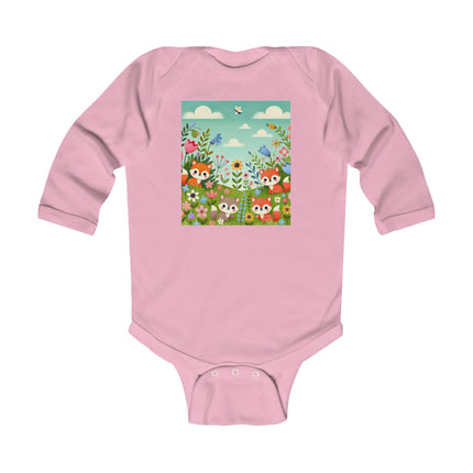Fox Cubs in Bloom Baby Long Sleeve Bodysuit – Whimsical Spring Meadow Design