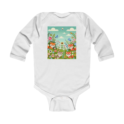 Fox Cubs in Bloom Baby Long Sleeve Bodysuit – Whimsical Spring Meadow Design
