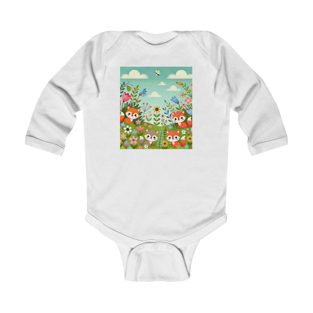 Fox Cubs in Bloom Baby Long Sleeve Bodysuit – Whimsical Spring Meadow Design