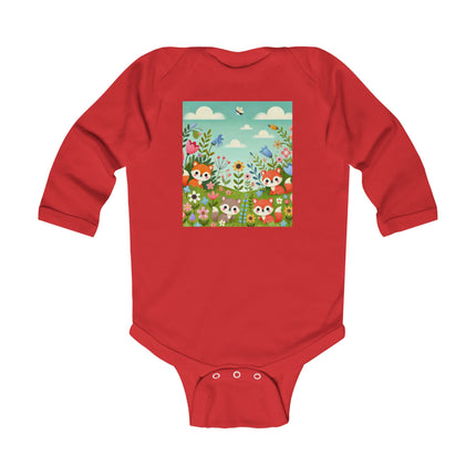 Fox Cubs in Bloom Baby Long Sleeve Bodysuit – Whimsical Spring Meadow Design