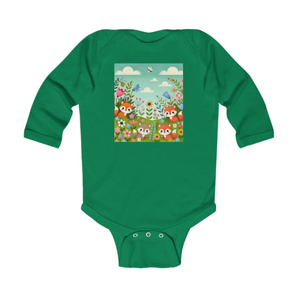 Fox Cubs in Bloom Baby Long Sleeve Bodysuit – Whimsical Spring Meadow Design
