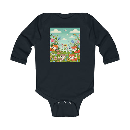 Fox Cubs in Bloom Baby Long Sleeve Bodysuit – Whimsical Spring Meadow Design