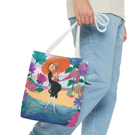 ☂️🌺 The Lady Of The Seaside Parasol Tote Bag – Art Deco Floral Fashion