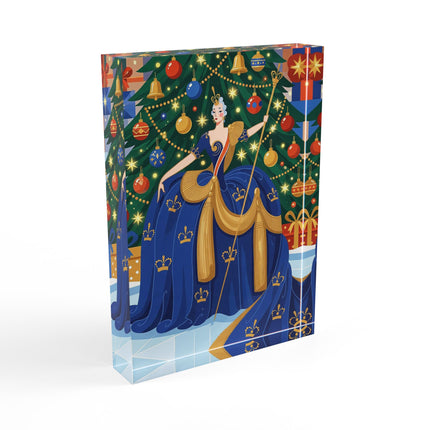 👑🎄 The Christmas Queen Of Golden Bells Acrylic Art Block – Art Deco Holiday Elegance