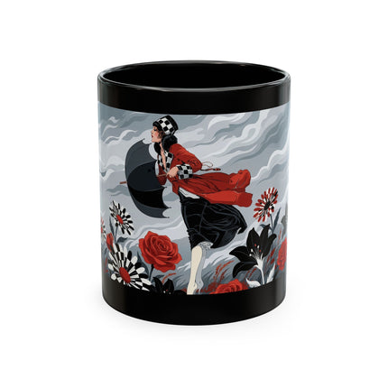 ☂️🌹 The Lady In The Windy Rose Garden Ceramic Mug – Art Deco Fashion Whimsy