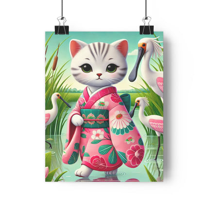 Geisha Kitten Strolls Among the Spoonbills Giclée Art Print