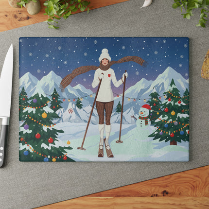 🎿🎄 The Christmas Mountain Skier Glass Cutting Board – Art Deco Winter Holiday Adventure