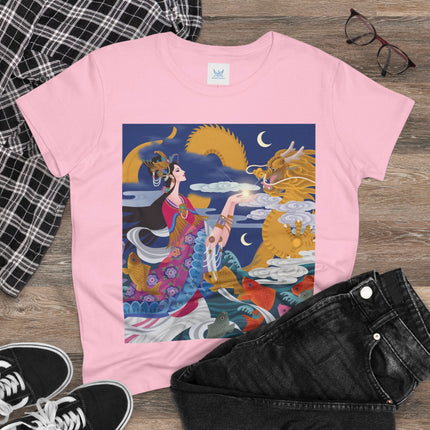 Dragon Pearl Offering Women's Midweight Cotton Tee – Mystical Fantasy & Golden Grace
