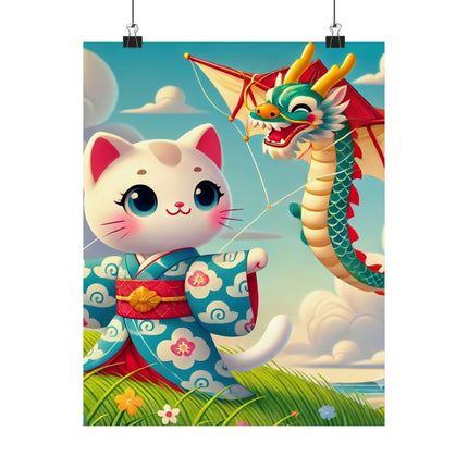 🪁🐉 Geisha Kitten and the Dragon Kite Matte Vertical Poster – Joyful Flight & Dragon Spirit