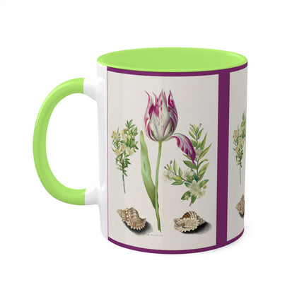 Tulip, Branches of Myrtle and Shells by Maria Sibylla Merian Colorful Mugs, 11oz