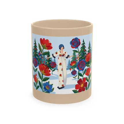 🌹🎄 The Lady Of The Holiday Roses Ceramic Mug – Art Deco Christmas Elegance