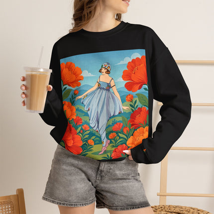 🌺🩵 The Poppy Hill Promenade Crewneck Sweatshirt – Art Deco Fashion Whimsy