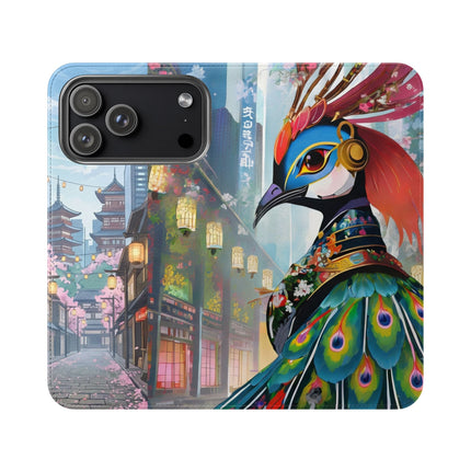 🦚🌸 Techno Plumes Peacock Flip Case – Neon Elegance & Sakura Dreams