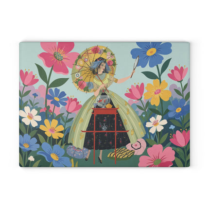 🌸🪞 The Lady Of The Flower Parasol Glass Cutting Board – Art Deco Garden Fantasy