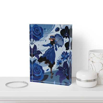 ☔💙 The Lady Of The Blue Rain Acrylic Art Block – Art Deco Floral Whimsy