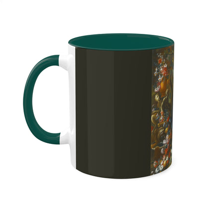 Still Life With Birds Beside An Ornate Fountain by Nicola Casissa Colorful Mugs, 11oz