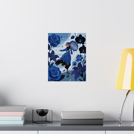 ☔💙 The Lady Of The Blue Rain Matte Vertical Poster – Art Deco Floral Whimsy