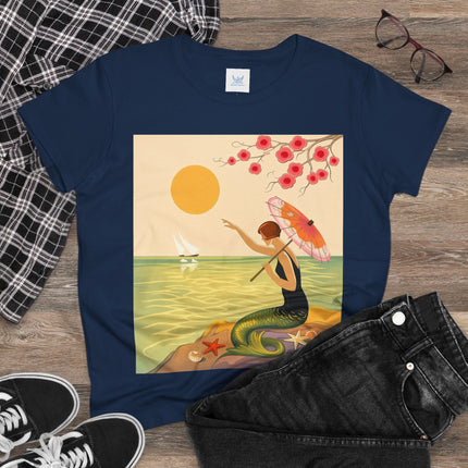 🧜‍♀️🌸 The Mermaid Beneath The Blossoms Cotton Tee – Art Deco Seaside Fantasy