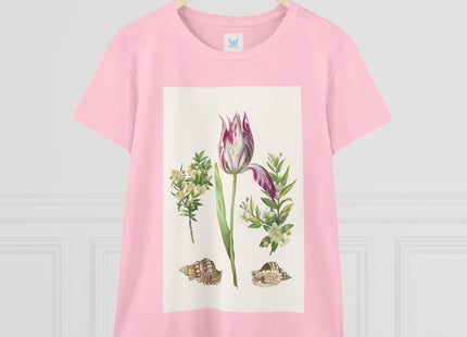 Tulip flower with Two Branches of Myrtle and Shells Cotton Tee