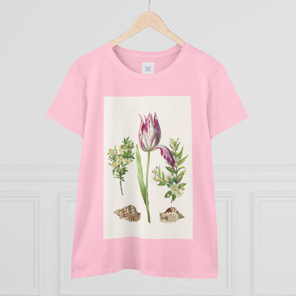 Tulip flower with Two Branches of Myrtle and Shells Cotton Tee