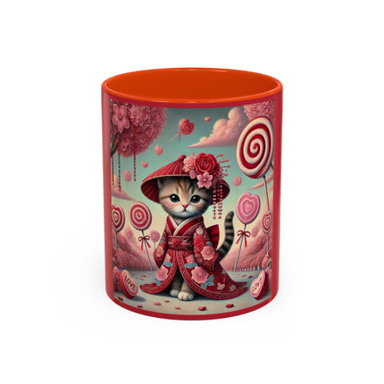 Whimsical Geisha Kitten in a Valentine Garden Colorful Mugs (11oz, 15oz)