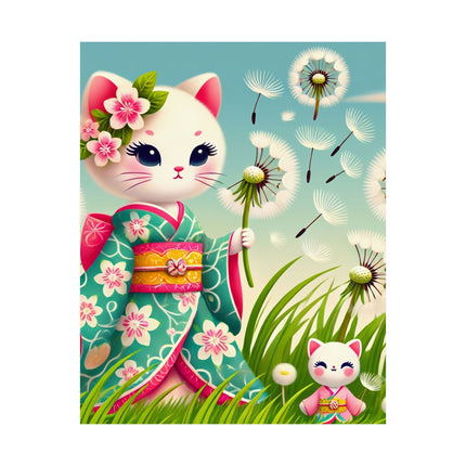 🌾🌼 Geisha Kitten and the Dandelion Wish Matte Vertical Poster – Gentle Wishes & Quiet Wonder