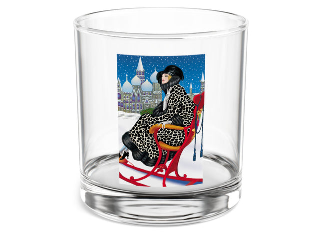 Elegant Winter Woman in Sleigh Rocks Glass, 10oz