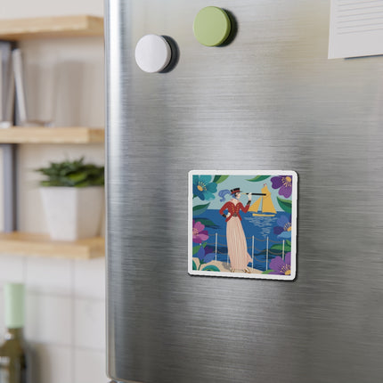 🌊🔭 The Lady Of The Seaside Lookout Die-Cut Magnets – Art Deco Nautical Adventure