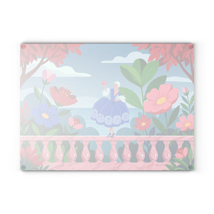 🌸💙 The Lady Of The Garden Terrace Glass Cutting Board – Art Deco Floral Fashion Elegance