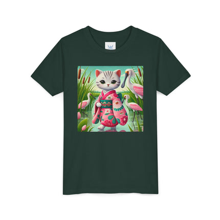 Geisha Kitten Strolls Among the Spoonbills Youth Short Sleeve Tee
