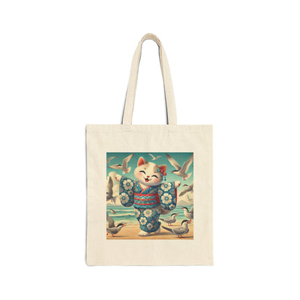 Geisha Kitten by the Seaside Cotton Canvas Tote Bag