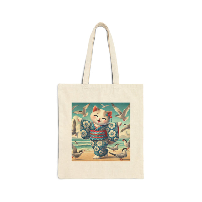 Geisha Kitten by the Seaside Cotton Canvas Tote Bag
