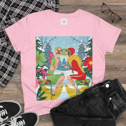 ☕❄️ Christmas Tea In The Snow Garden Cotton Tee – Art Deco Holiday Friendship