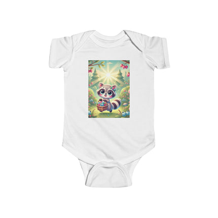 Raccoon’s Berry Basket Baby Bodysuit – Whimsical Woodland Harvest Design
