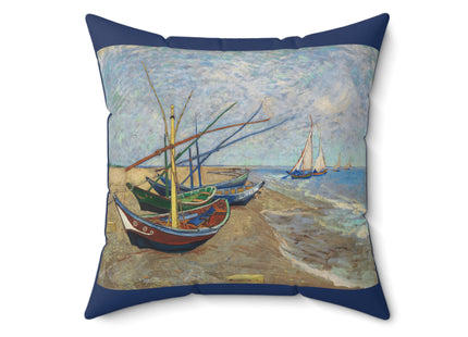 Fishing Boats on the Beach at Saintes-Maries by Vincent Van Gogh Spun Polyester Square Pillow