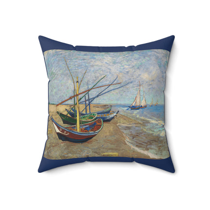 Fishing Boats on the Beach at Saintes-Maries by Vincent Van Gogh Spun Polyester Square Pillow